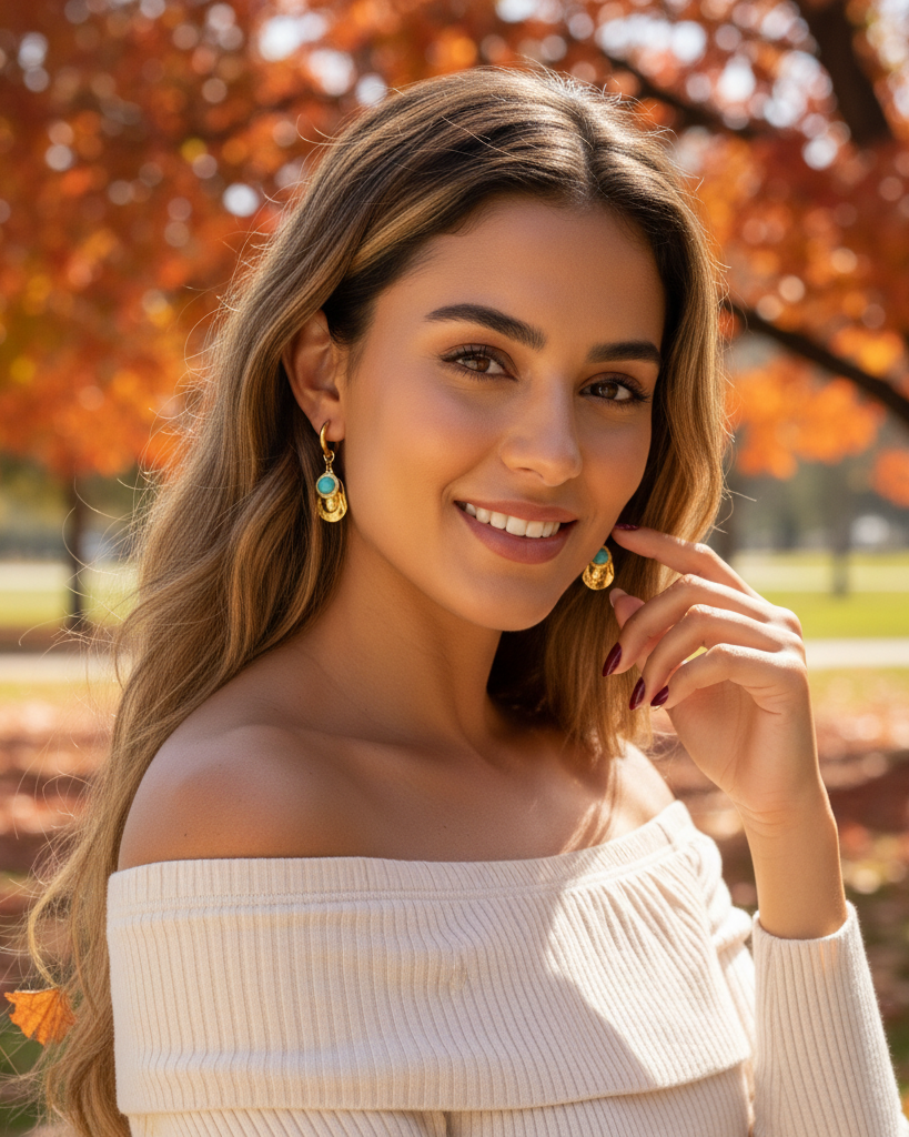 Golden Turquoise & Pearl Charm Hoop Earrings
