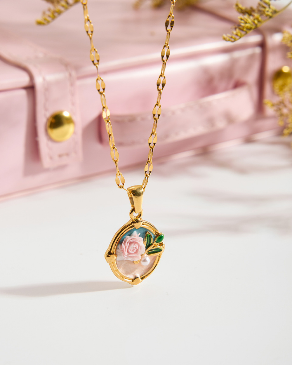 Vintage Pink Rose Pendant Necklace