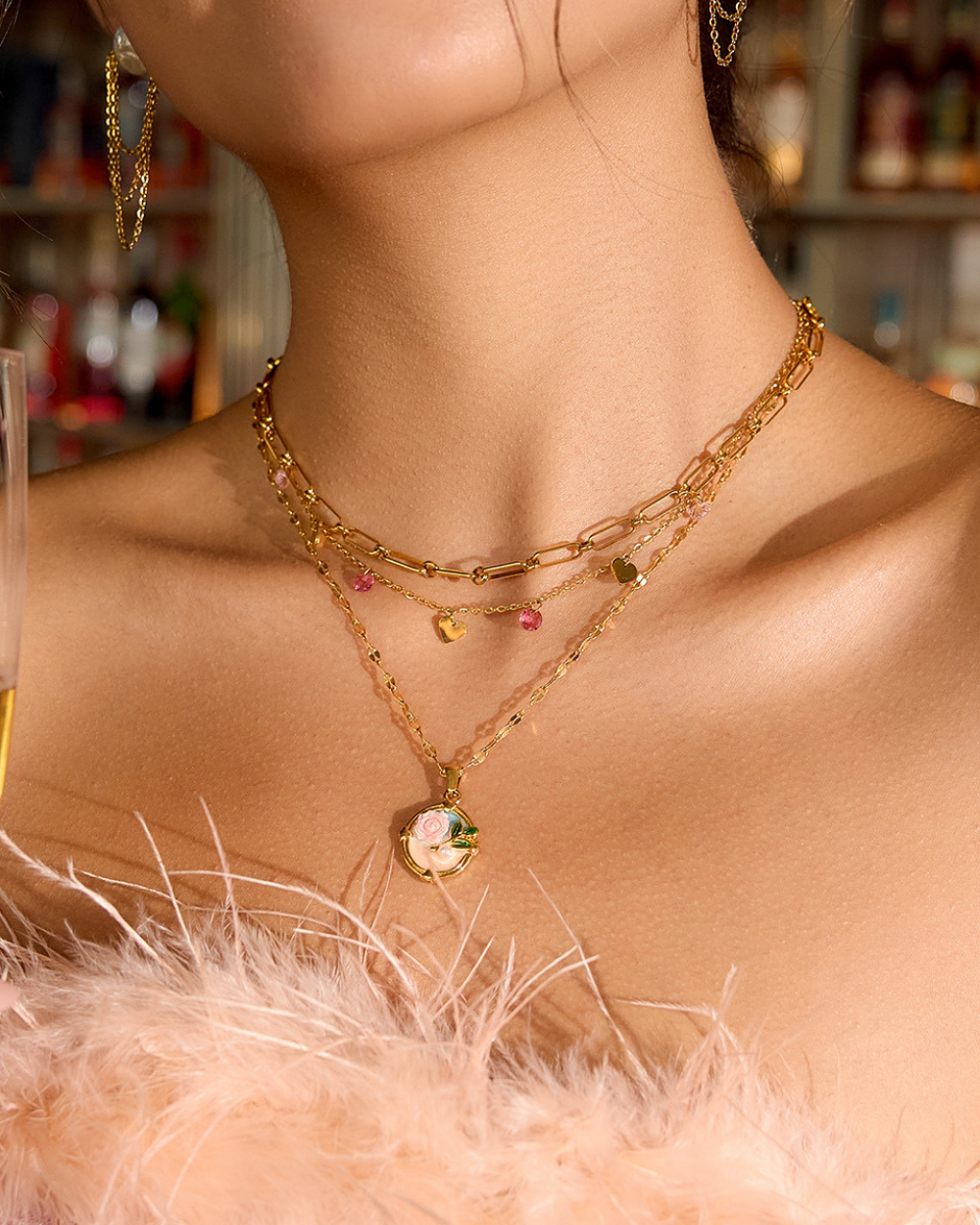 Vintage Pink Rose Pendant Necklace