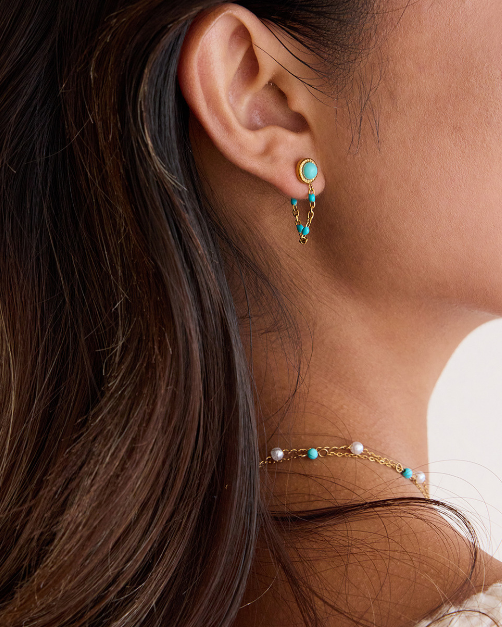 Turquoise Beaded Chain Stud Earrings