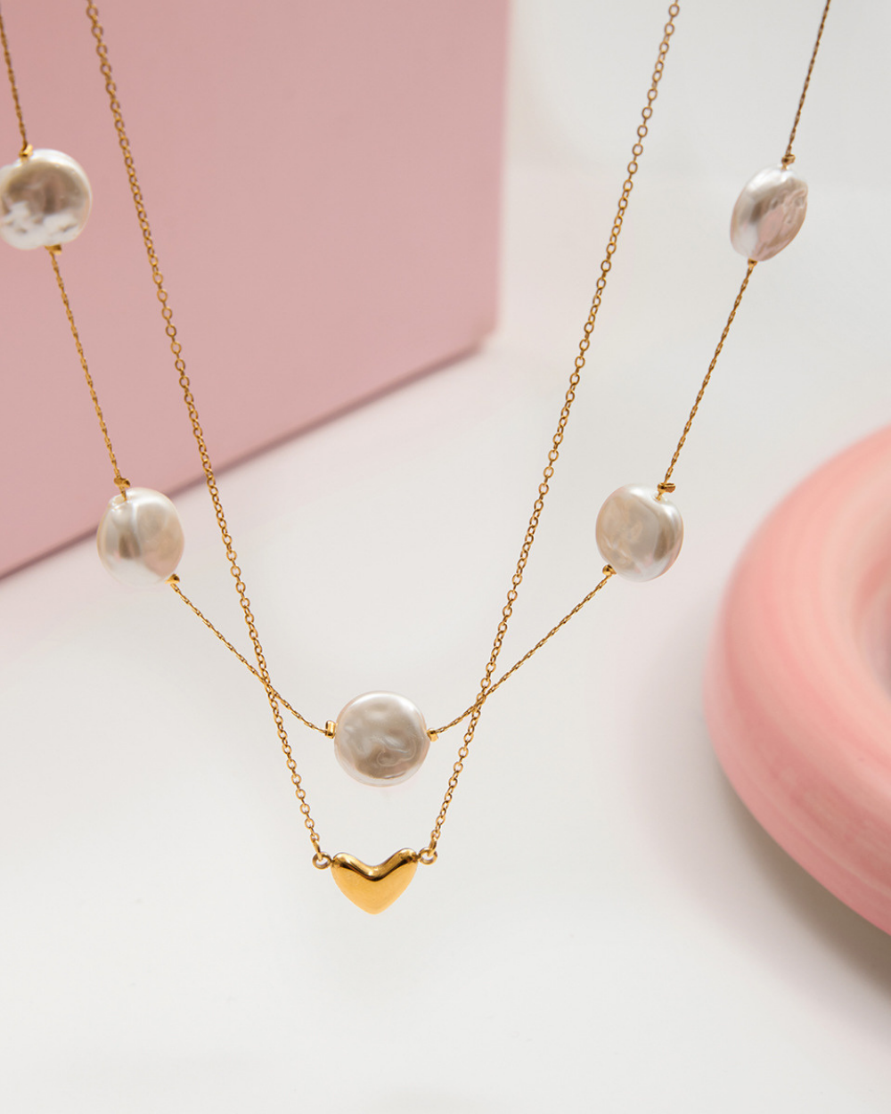Layered Pearl Heart Pendant Necklace