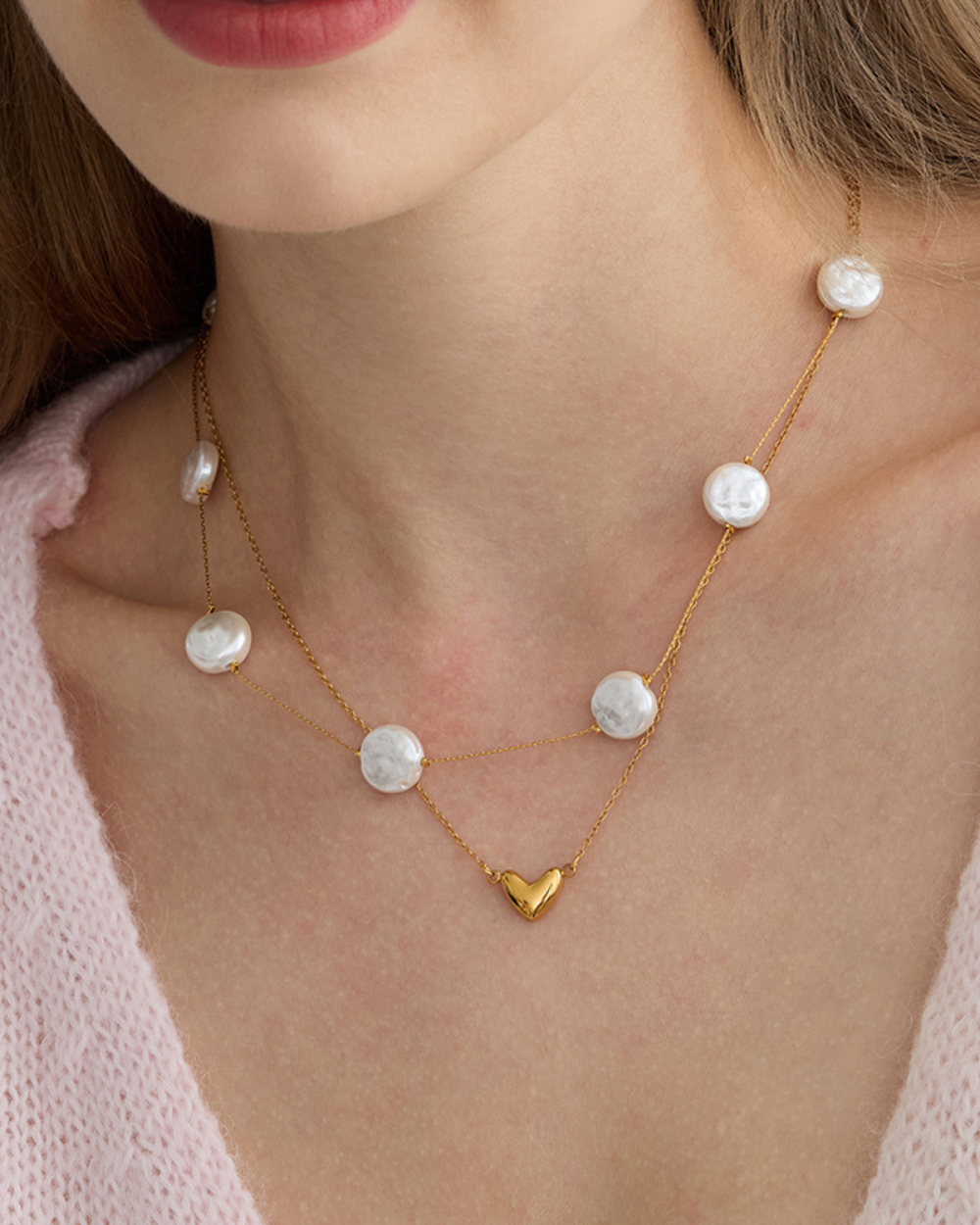 Layered Pearl Heart Pendant Necklace