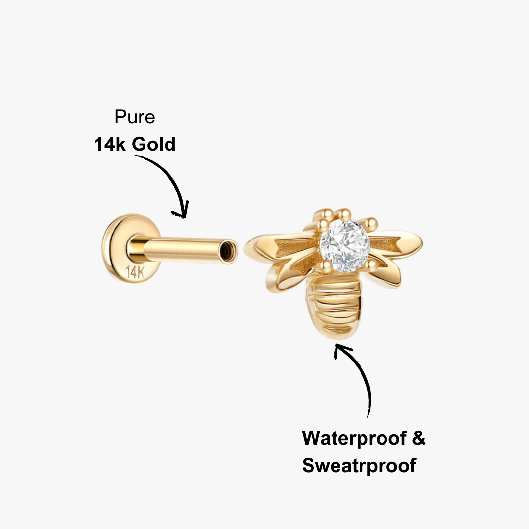 14K gold bee stud earrings, featuring a sparkling CZ diamond, unique and stylish design for any occasion