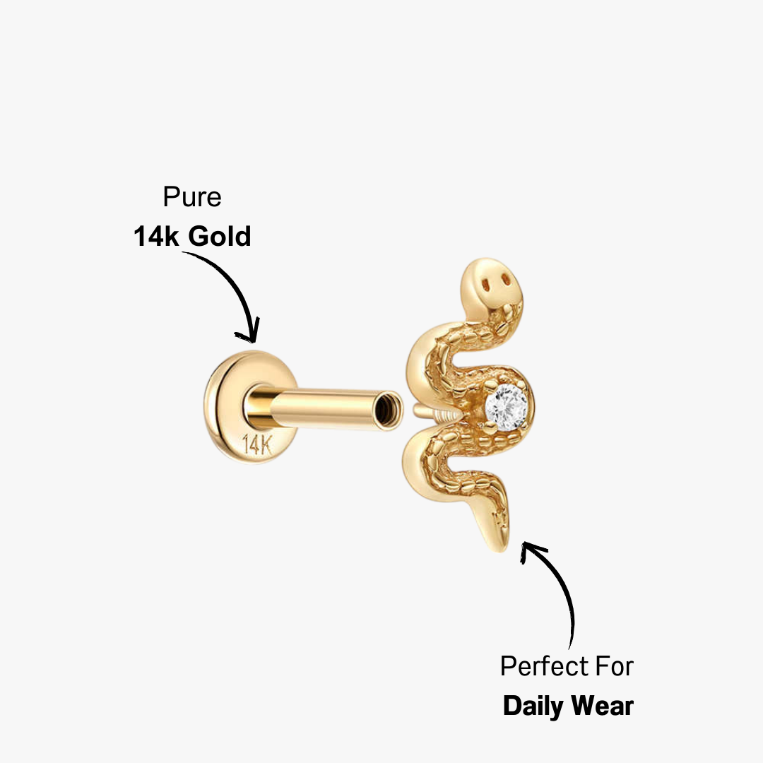 14K gold CZ snake stud earrings, delicate and stylish design with a sparkling diamond accent