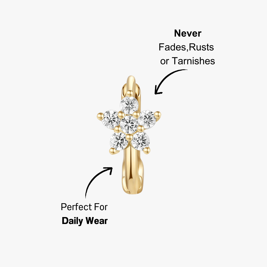 14K gold flower CZ hoop earrings featuring sparkling cubic zirconia, simple and elegant design perfect for any occasion