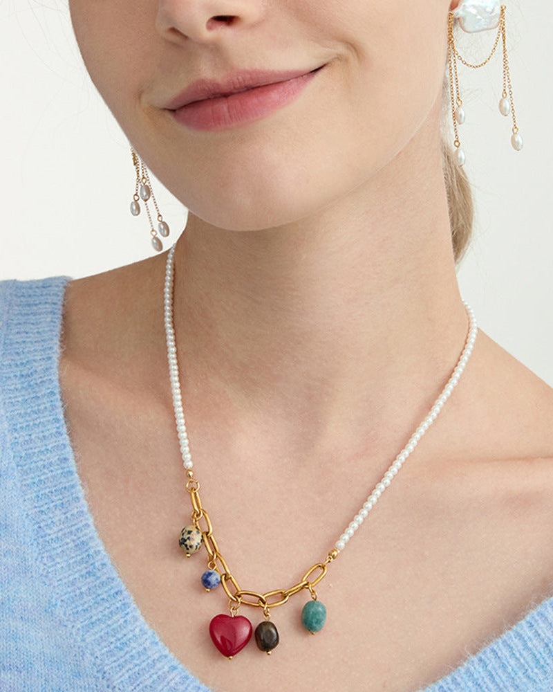 Gemstone Heart & Pearl Pendant Necklace