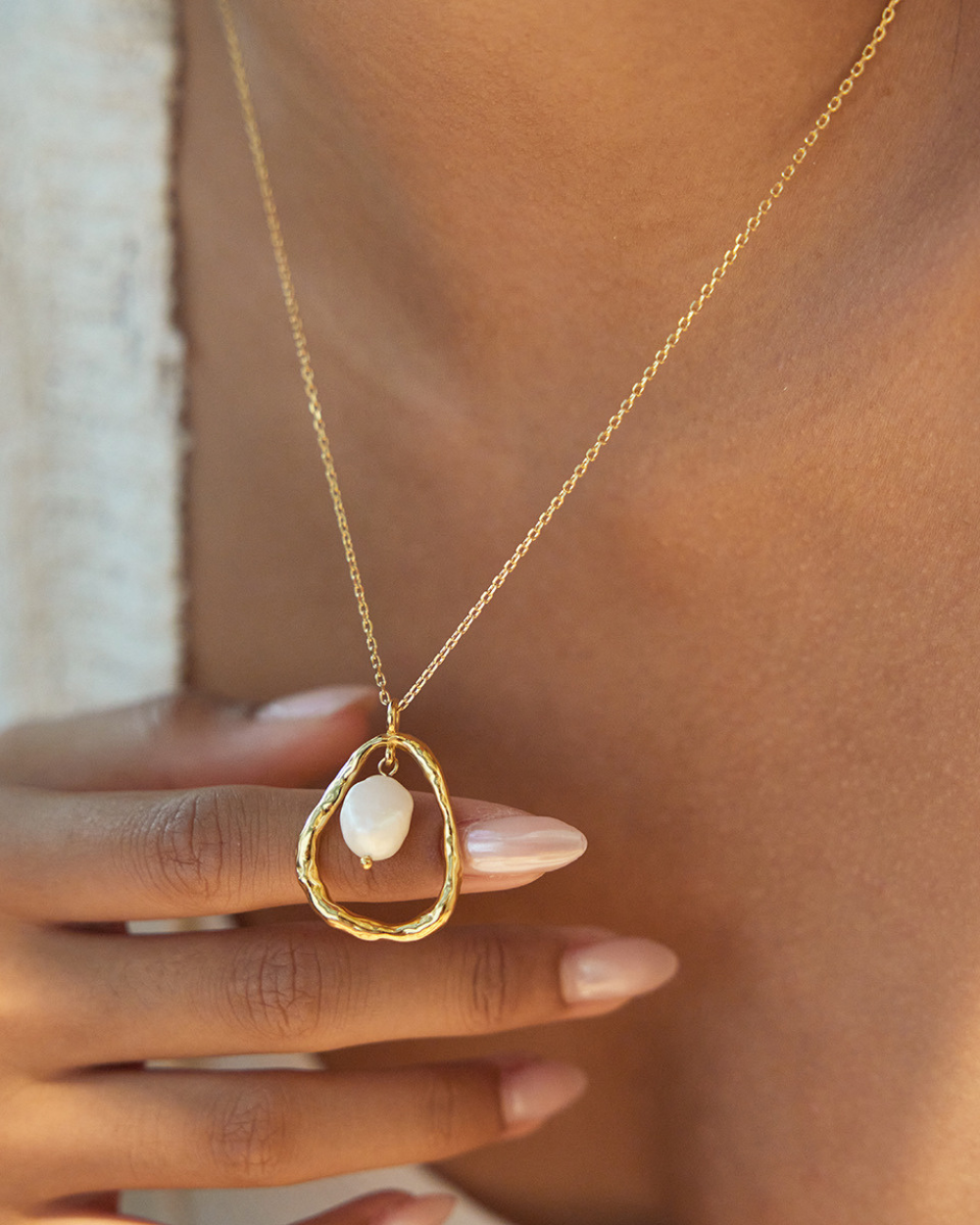 Hammered Gold Pearl Drop Necklace