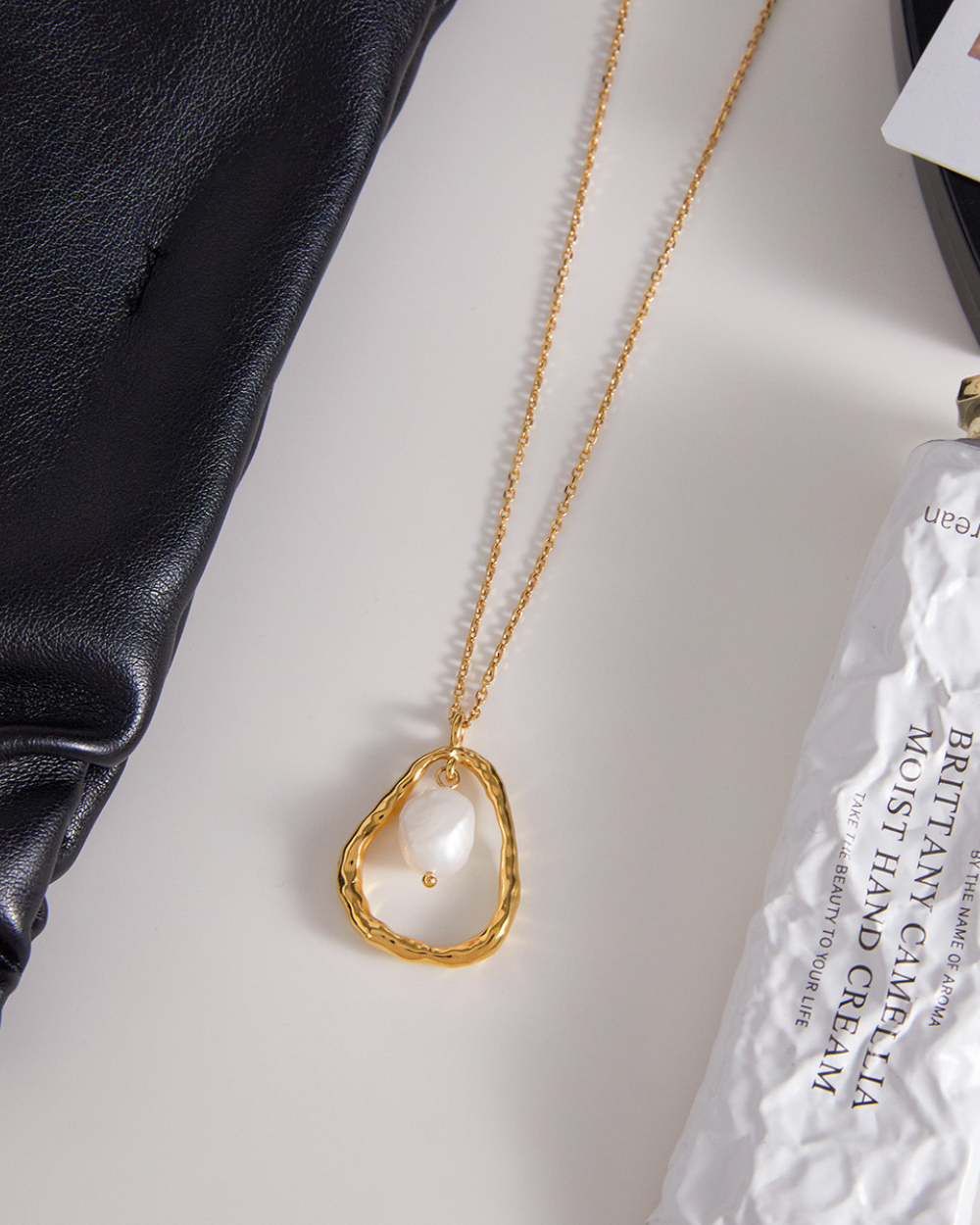 Hammered Gold Pearl Drop Necklace