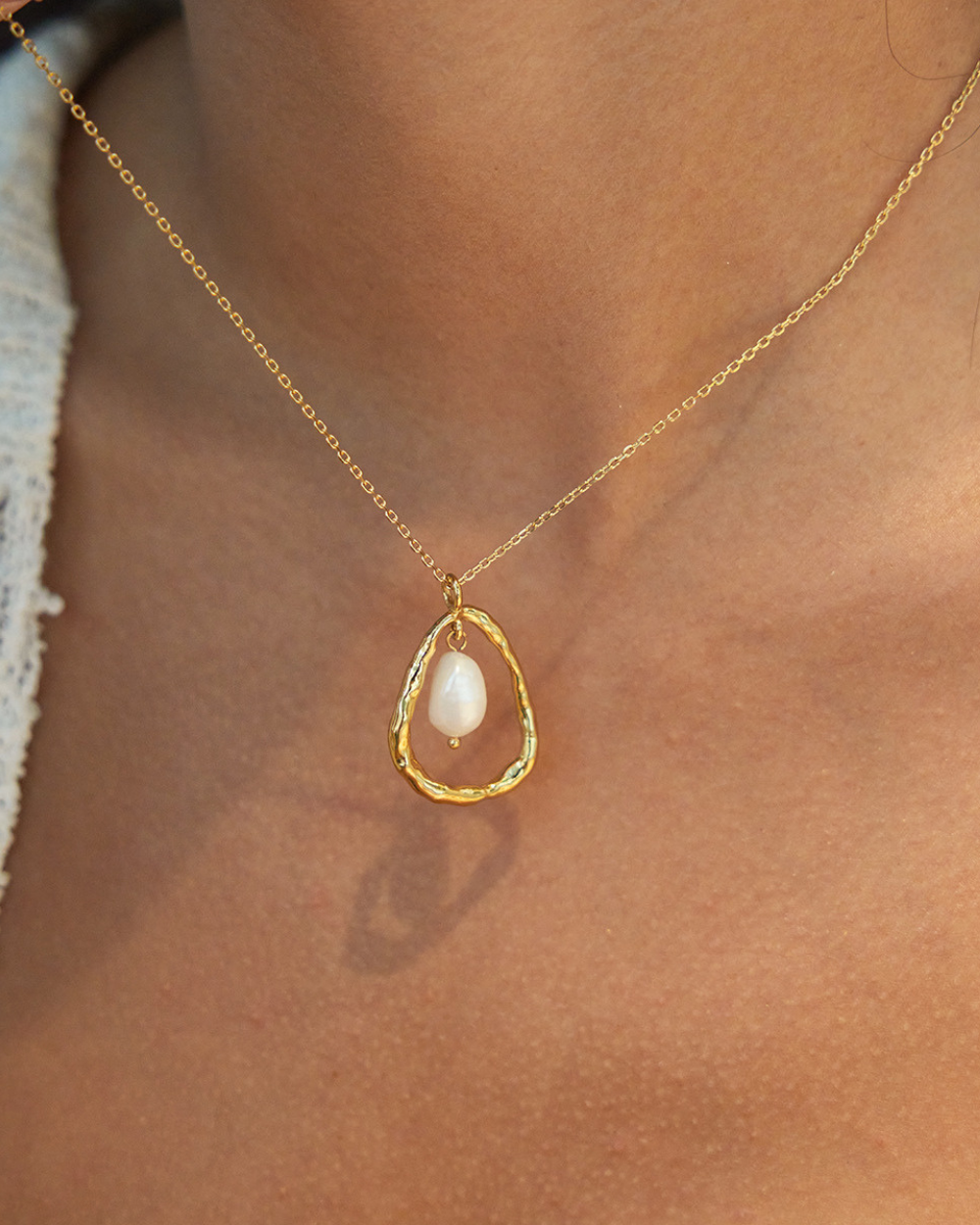 Hammered Gold Pearl Drop Necklace