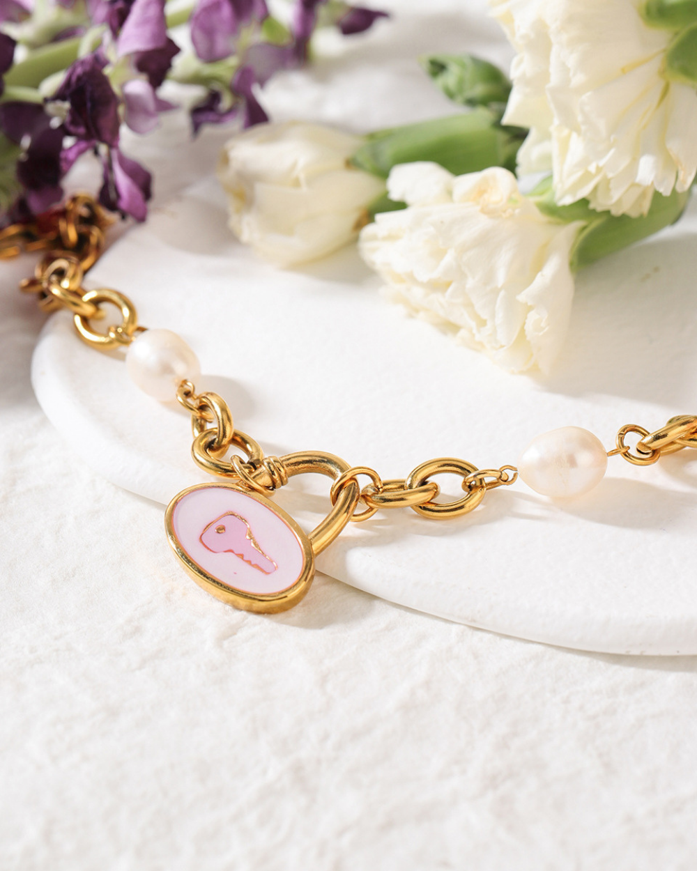 Chunky Pearl Key Charm Bracelet