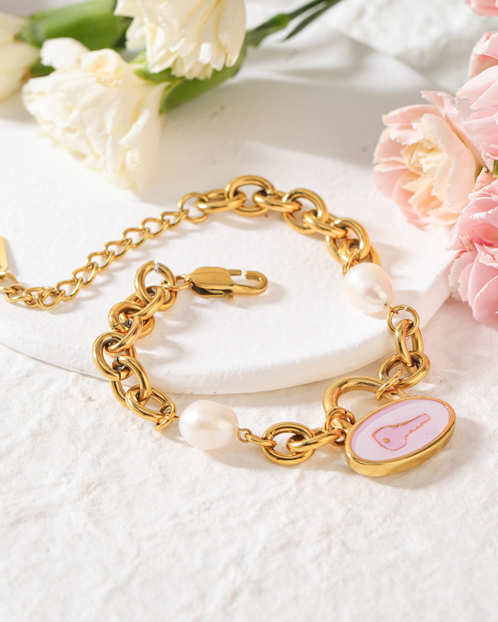 Chunky Pearl Key Charm Bracelet