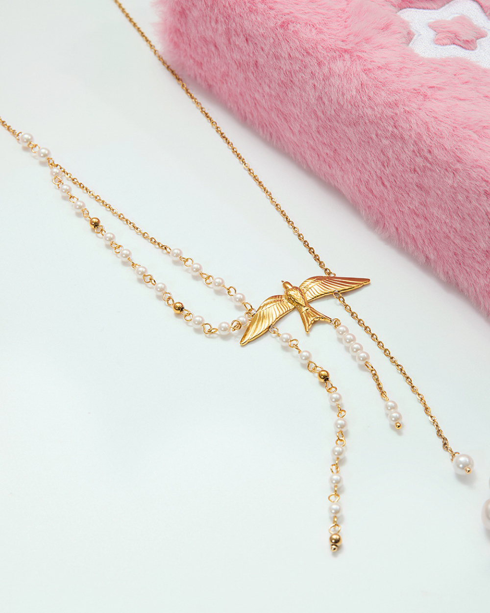 Golden Bird & Pearl Y Necklace