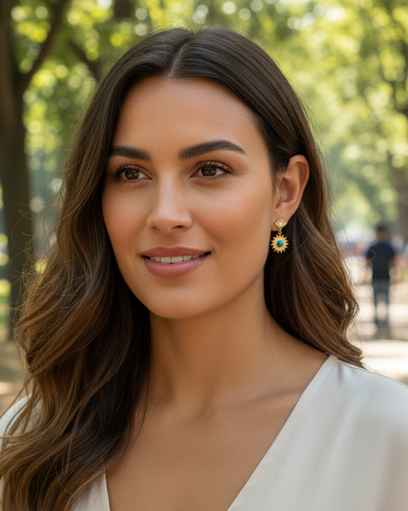 Woman with long brown hair wearing a white top and gold earrings outdoors.