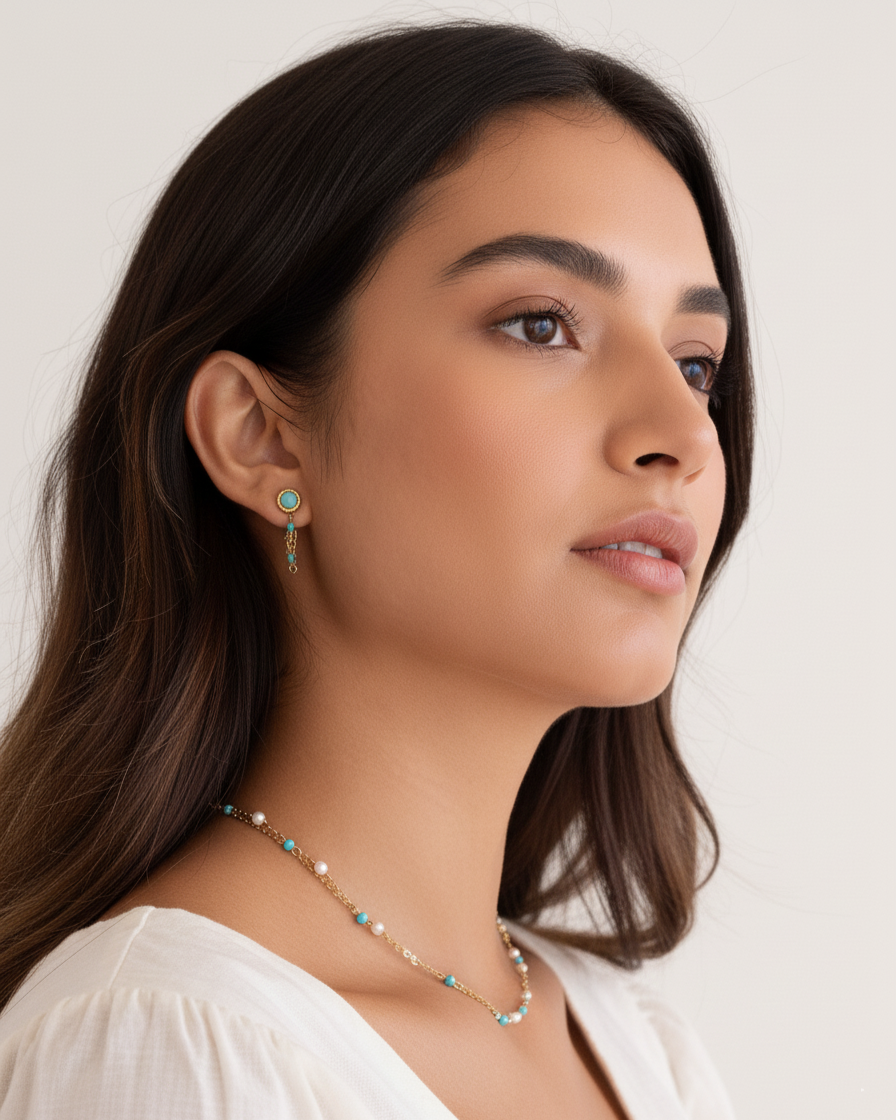 Turquoise Beaded Chain Stud Earrings