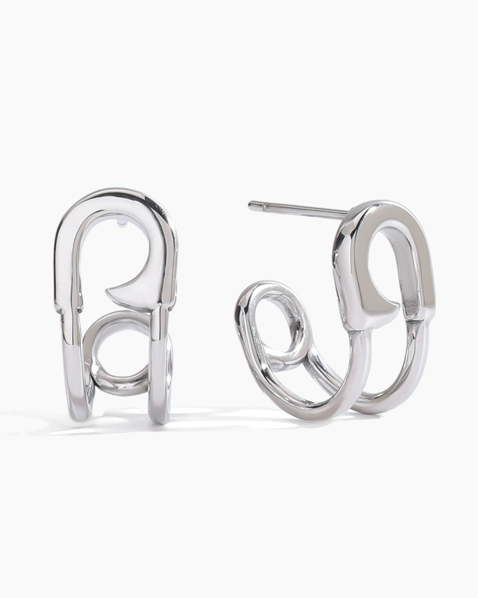 Pair of silver hoop earrings on a white background