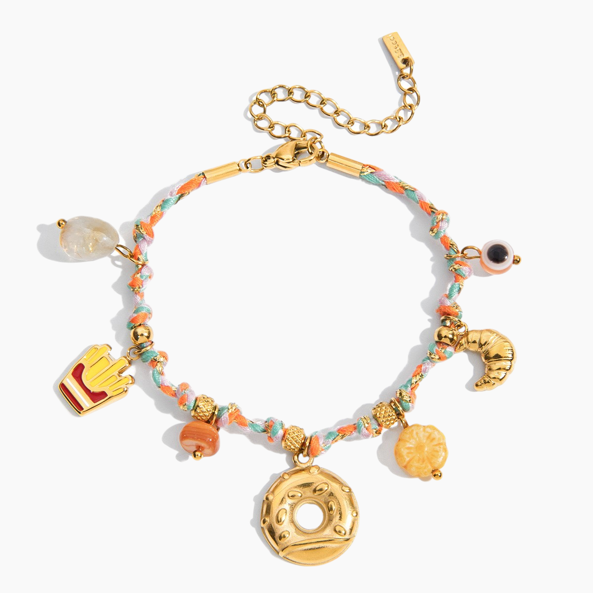 Colorful beaded bracelet with gold charms on a white background