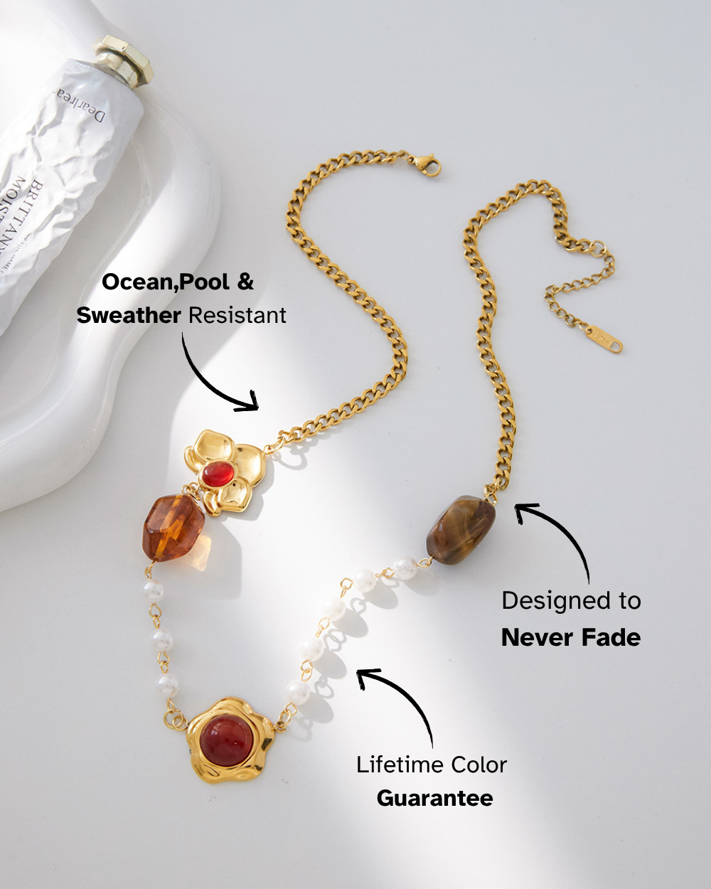 Golden Leaf Pearl & Gemstone Necklace