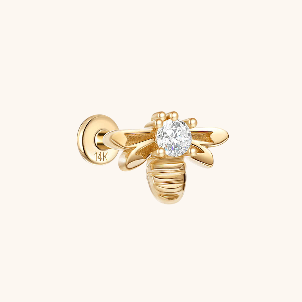 (Single) 14K Solid Gold Bee Stud Earring with Zirconia