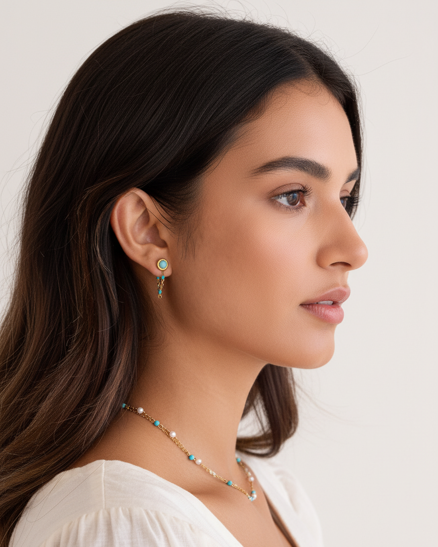 Turquoise Beaded Chain Stud Earrings