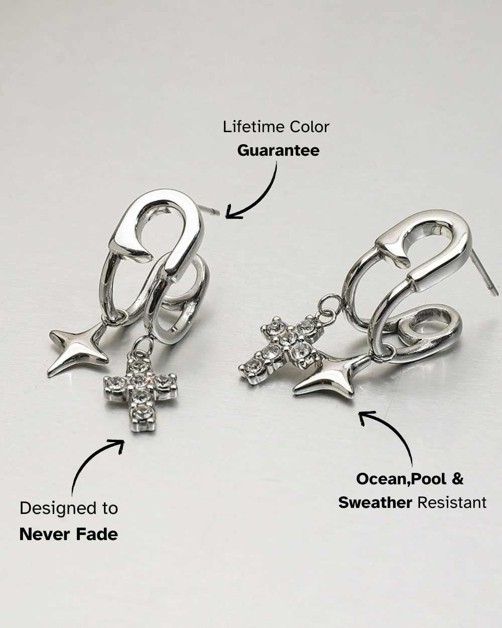 Asymmetric Star & Cross Safety Pin Earrings