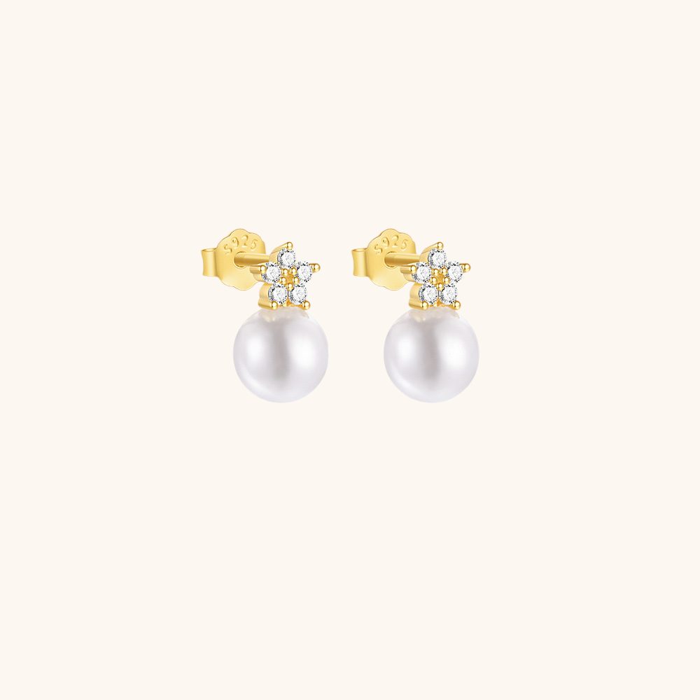 Pearl Flower Stud Earrings with Zirconia