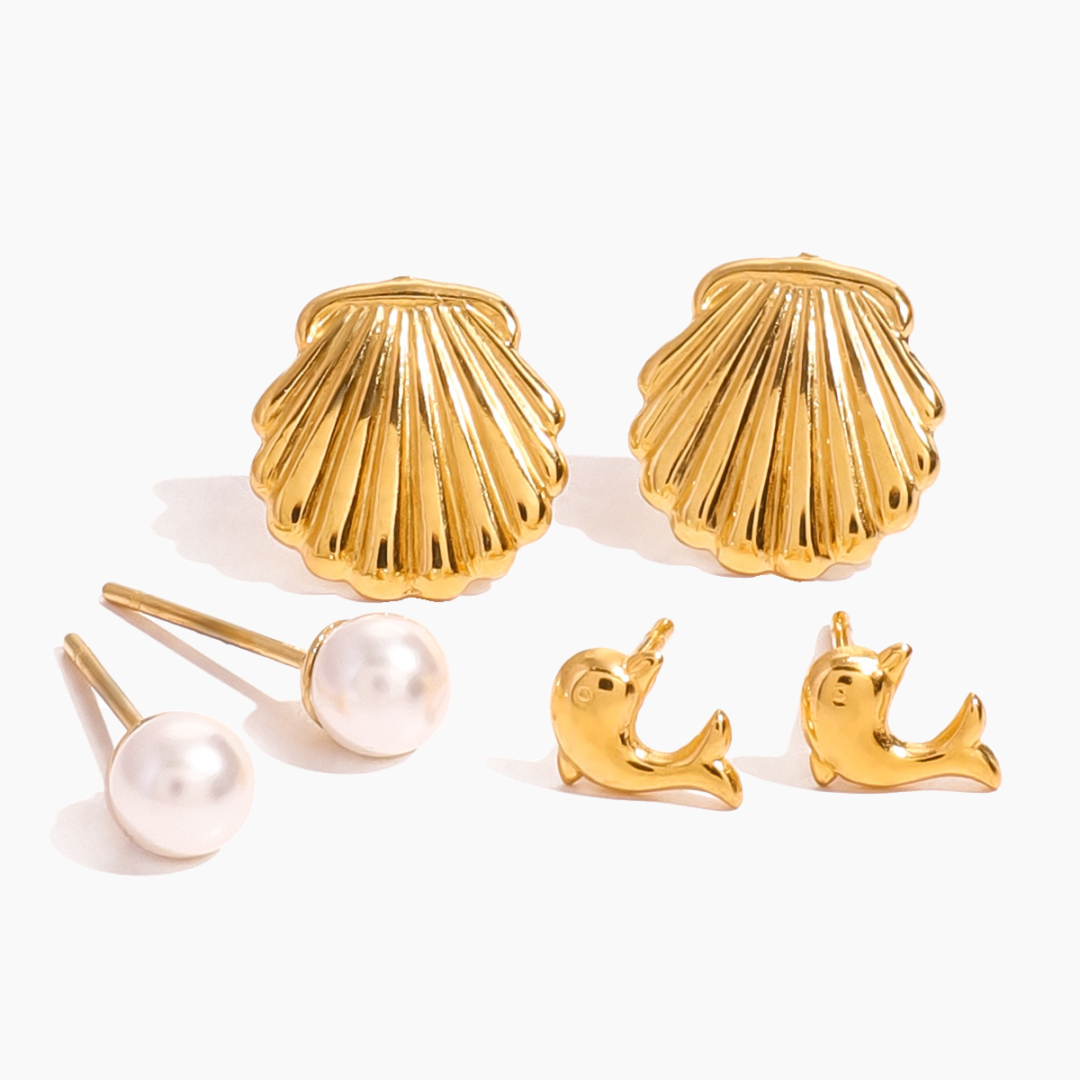 Ocean Melody – Shell, Pearl & Dolphin Trio Earring Set