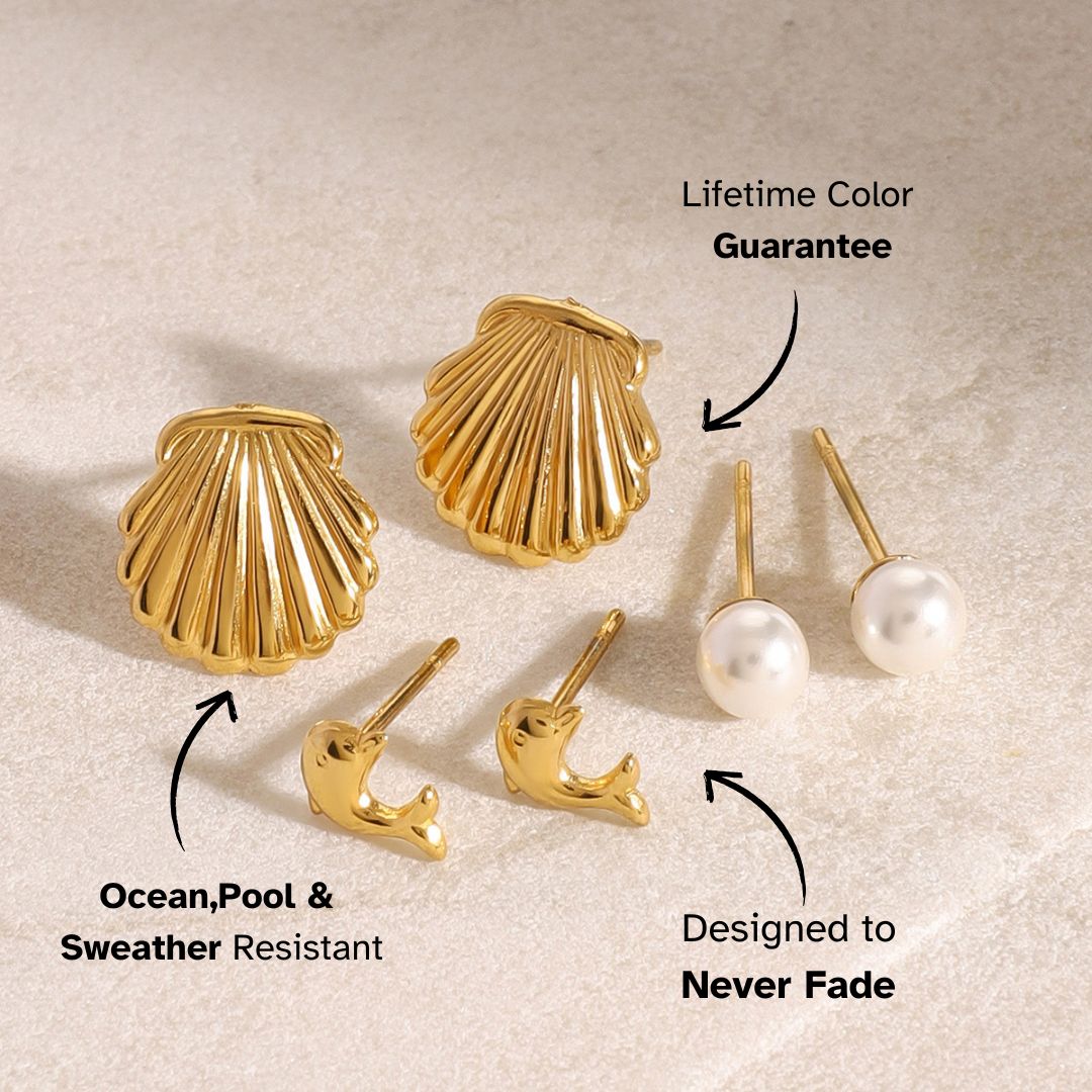 Ocean Melody – Shell, Pearl & Dolphin Trio Earring Set