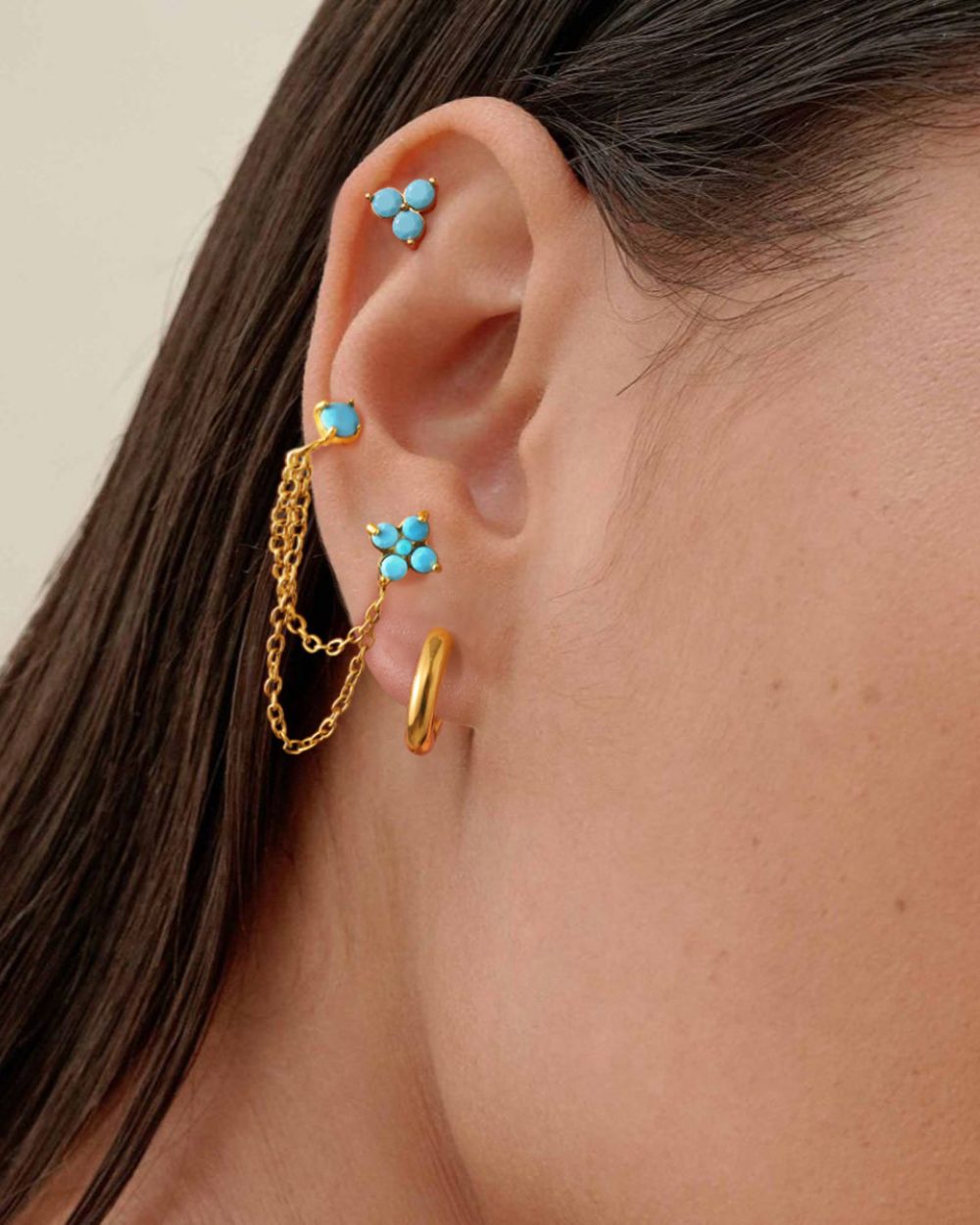 Blue Gem Geometry Chain Earrings Set