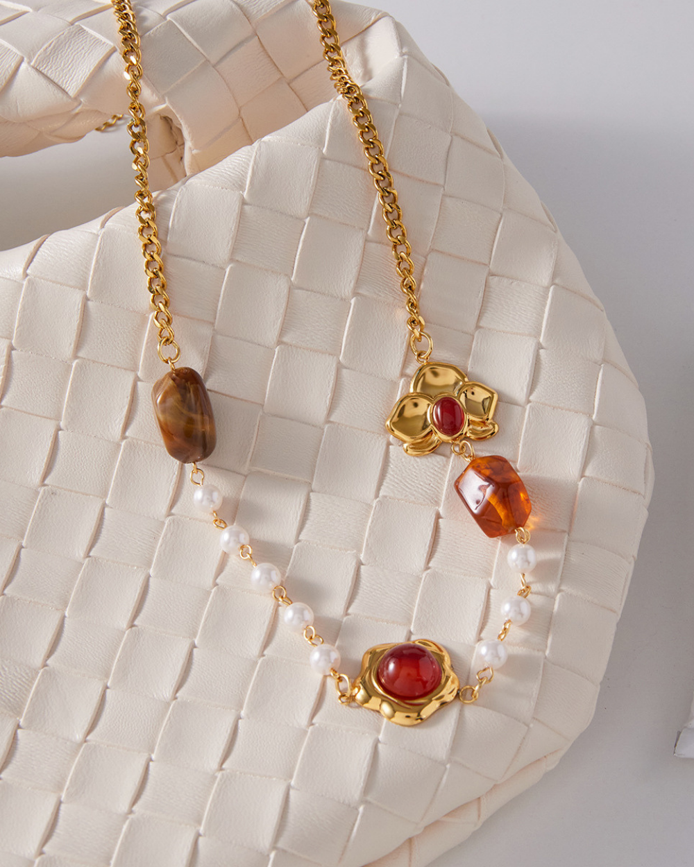 Golden Leaf Pearl & Gemstone Necklace