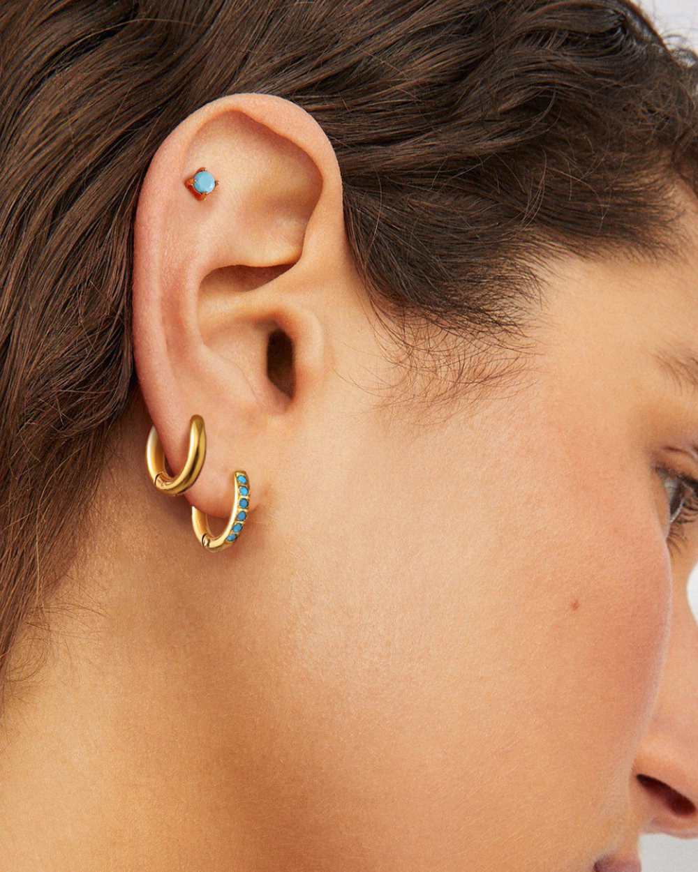 Blue Accent Gold Hoop Earrings Set