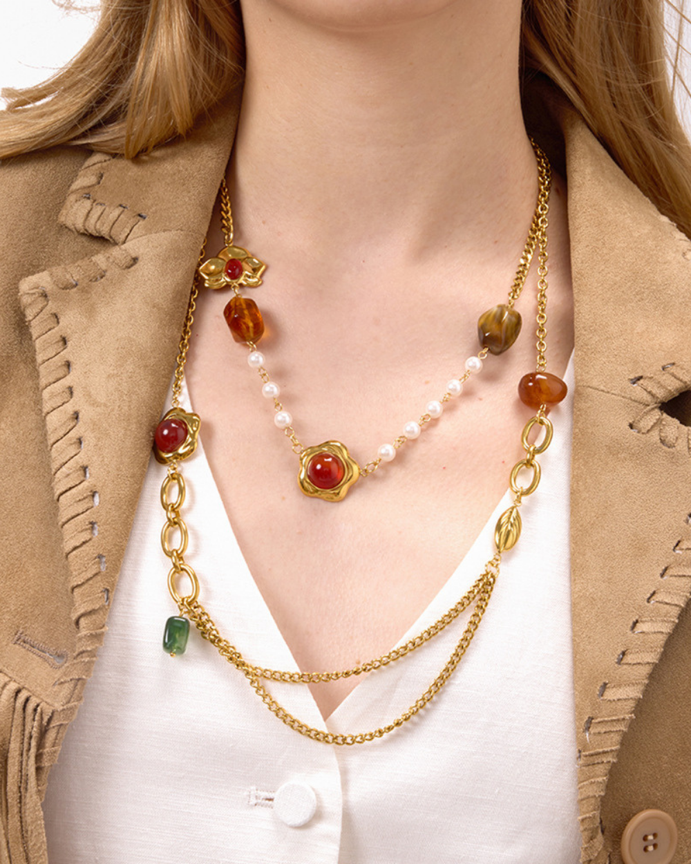 Golden Layers Retro Gemstone Necklace