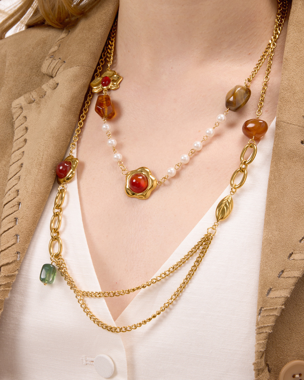 Golden Layers Retro Gemstone Necklace