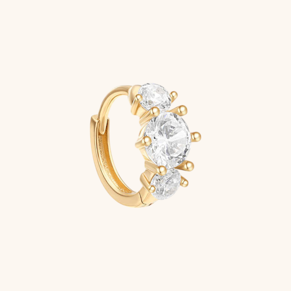 (Single) 14K Solid Gold Three-stone Hoop Earring with Zirconia
