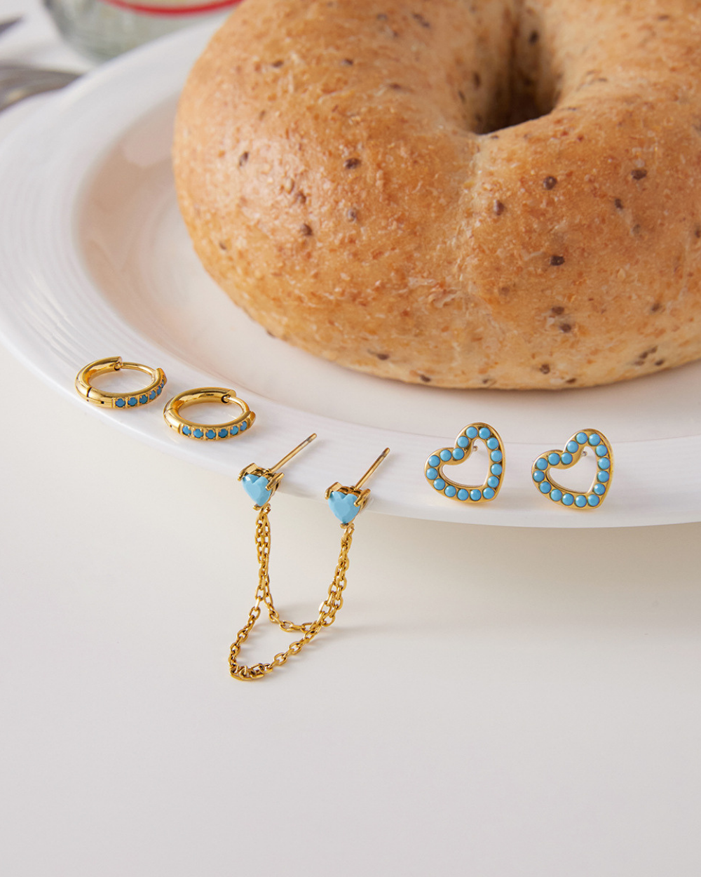Blue Heart & Hoop Earrings Set