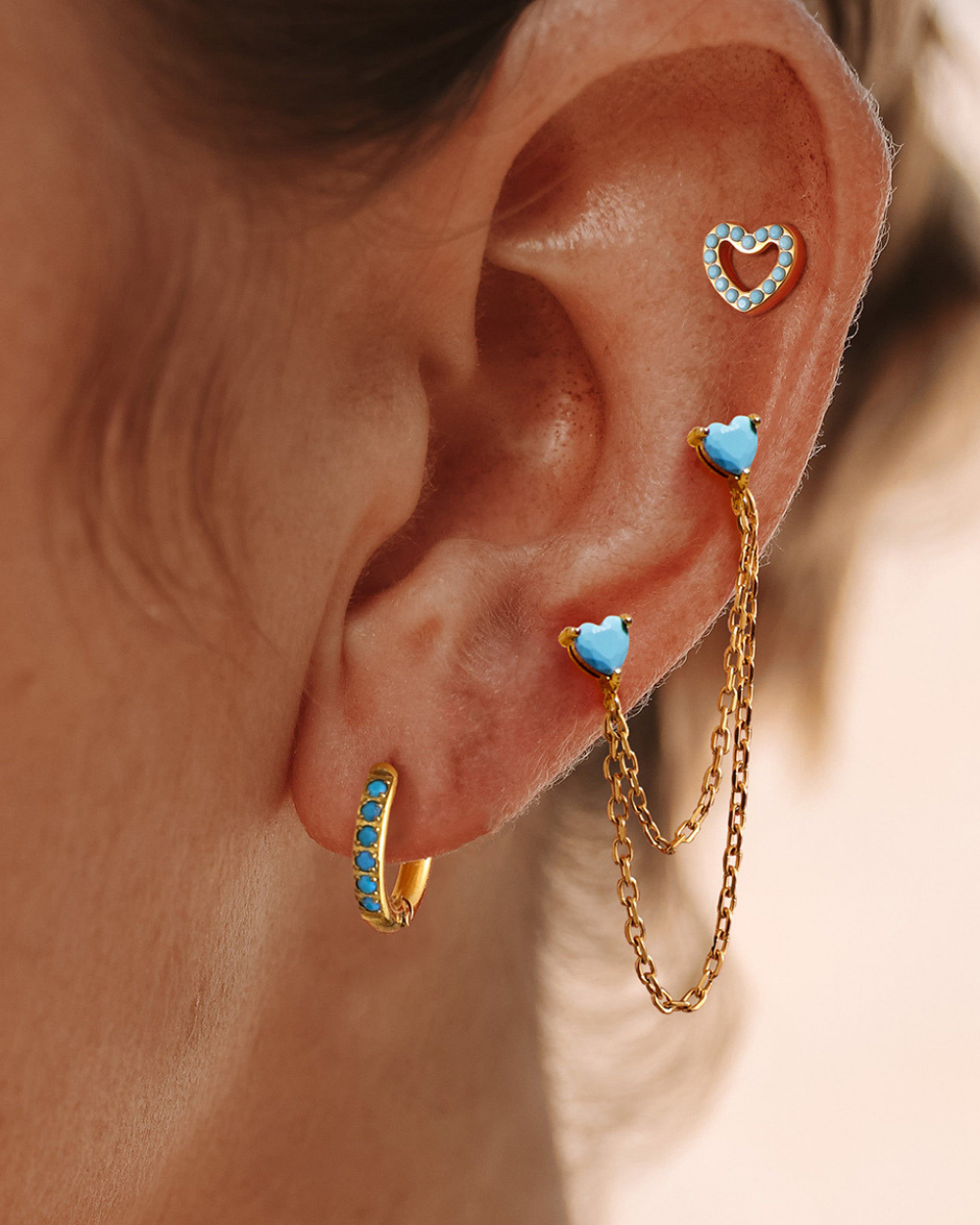 Blue Heart & Hoop Earrings Set