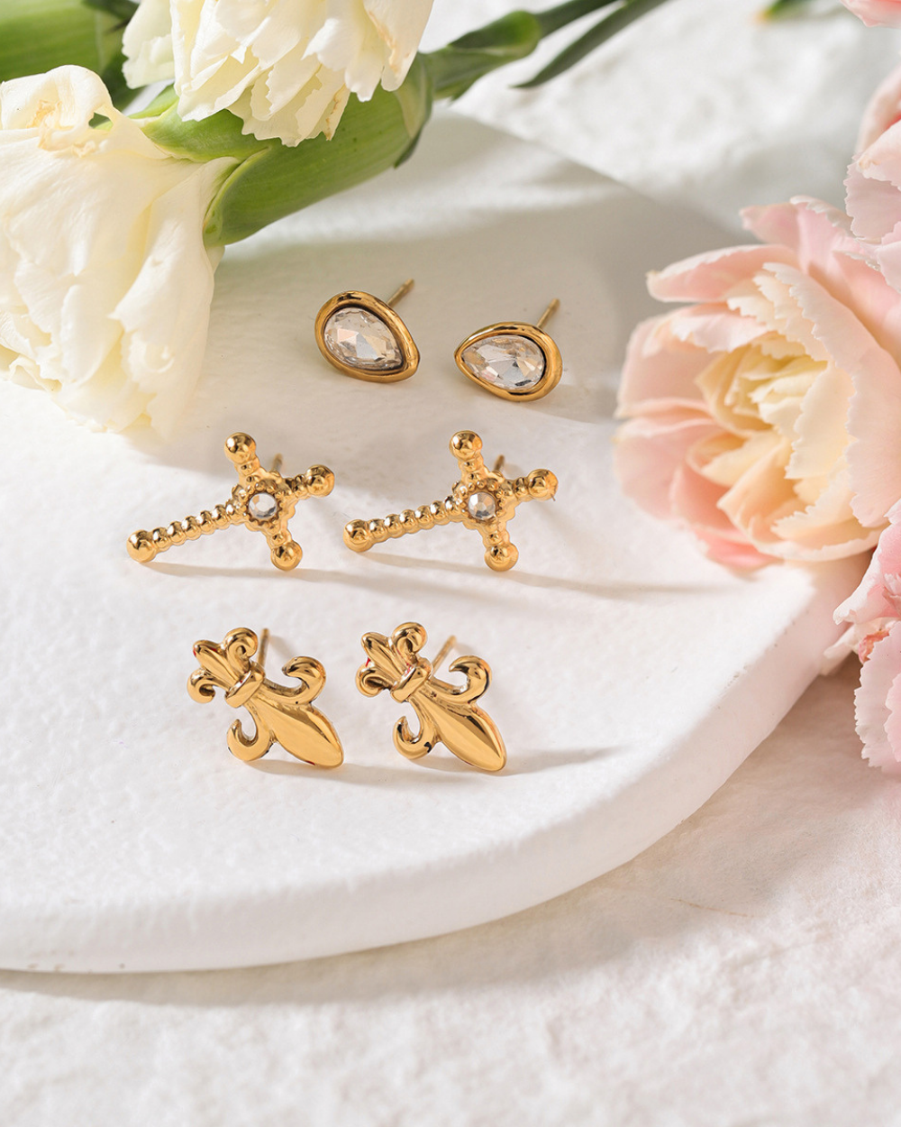 Crystal & Fleur de Lis Earrings Set