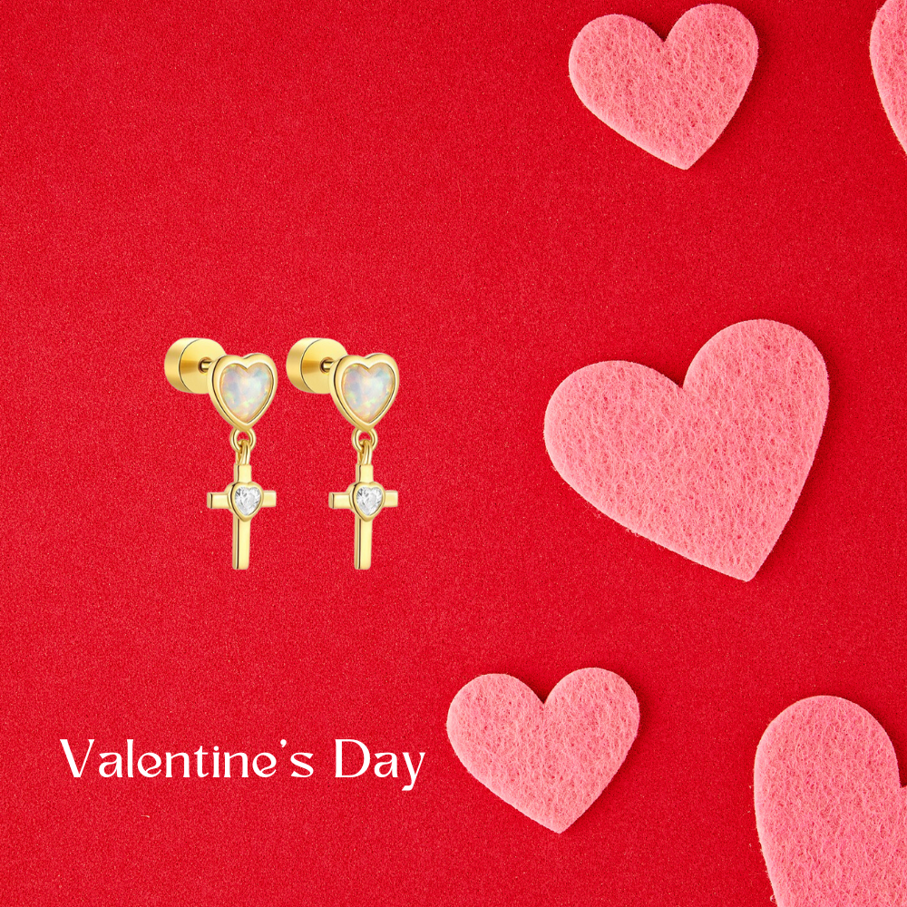 Add a touch of elegance with these heart cross earrings made of 925 sterling silver, opal, and zirconia. A timeless design with a gold-plated finish.