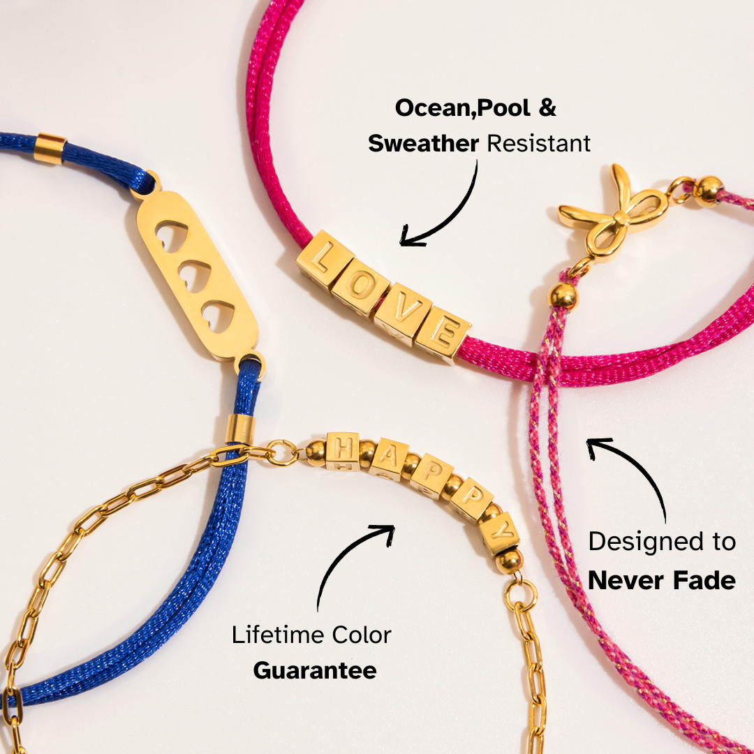 Three colorful bracelets with text indicating features like 'Ocean, Pool & Sweater Resistant', 'Lifetime Color Guarantee', and 'Designed to Never Fade'.