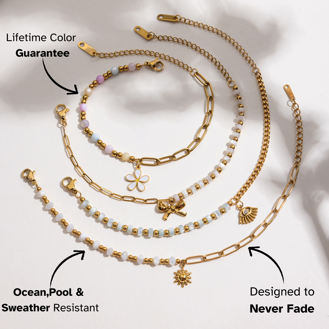 Set of gold necklaces with charms on a light background, featuring text about color guarantee and weather resistance.