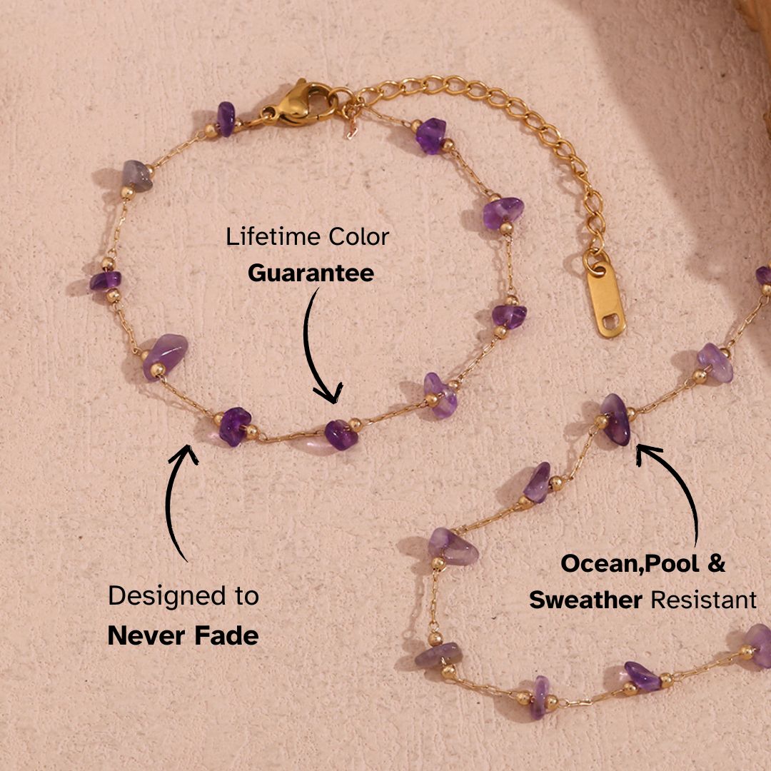 Delicate gold bracelet with scattered purple amethyst chips, waterproof and fade-proof