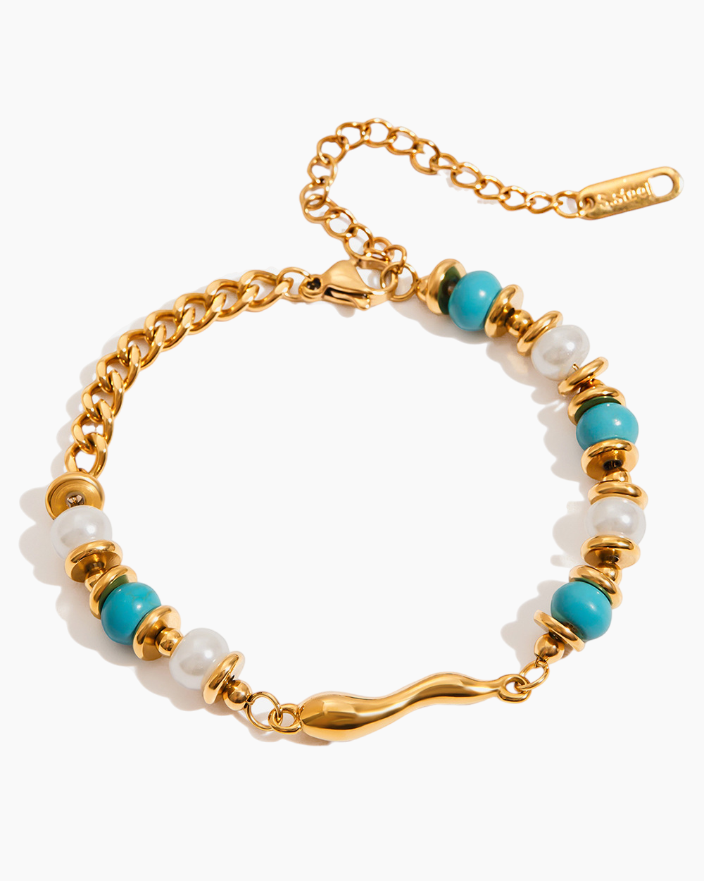 Bracelet with gold chain, turquoise beads, and pearls on a white background