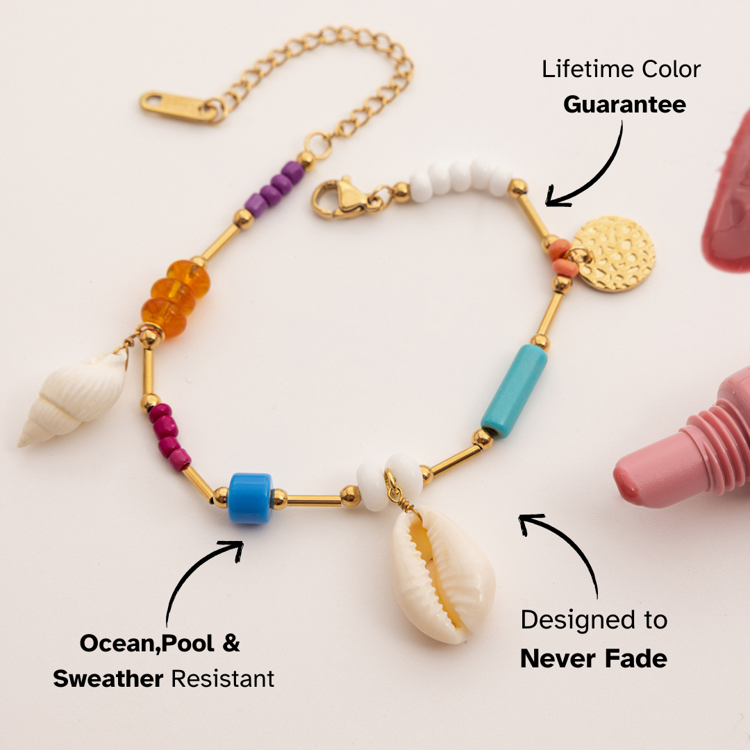 Colorful beaded bracelet with shell charms on a white background, featuring text about product features.