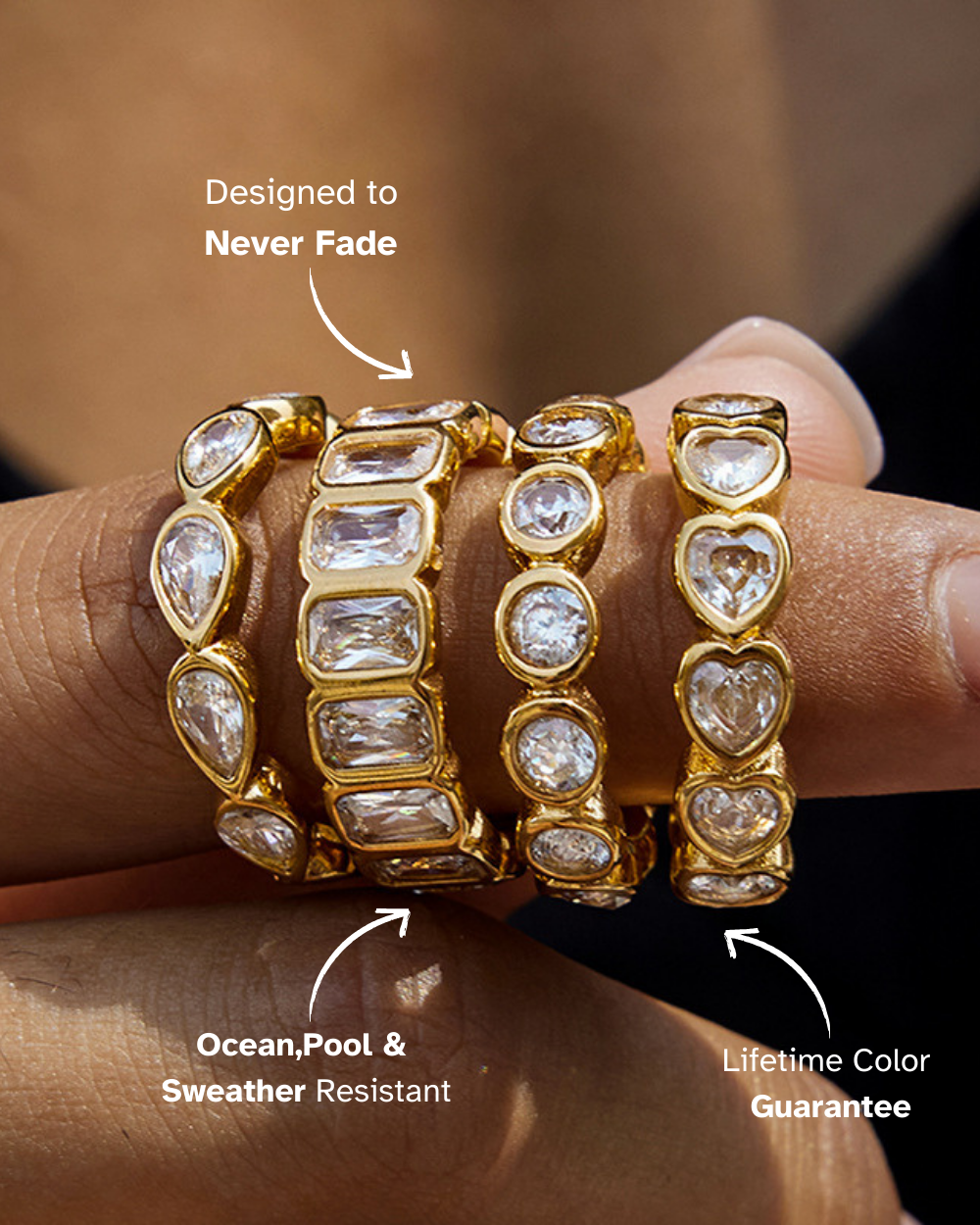 Gold and diamond-encrusted bracelets on a wrist with text highlighting features.