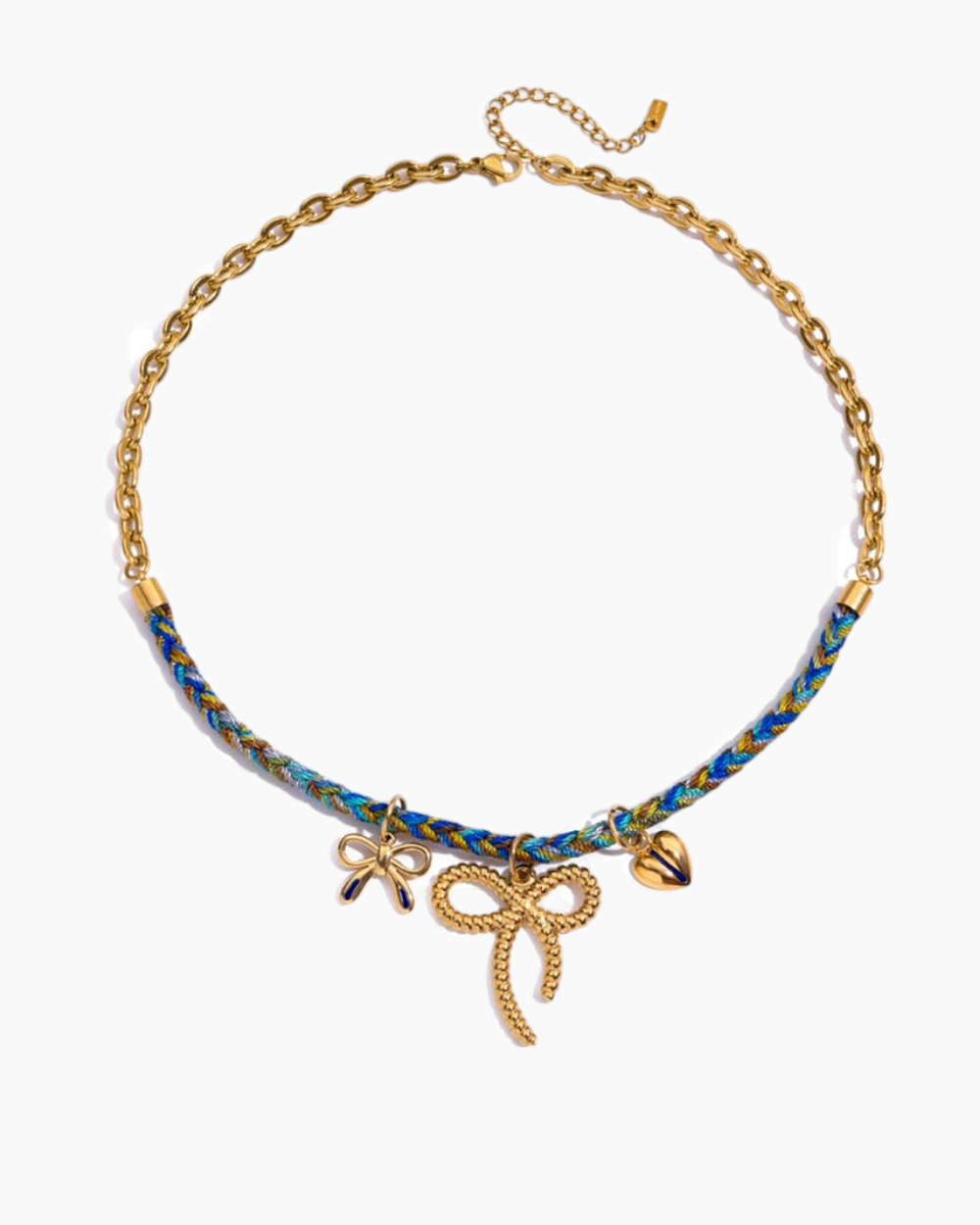 Necklace with gold bow charms and blue beads on a white background
