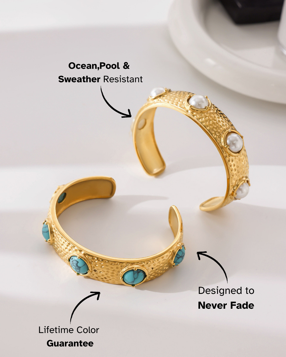 Gold and turquoise bangles on a white surface with text indicating features.