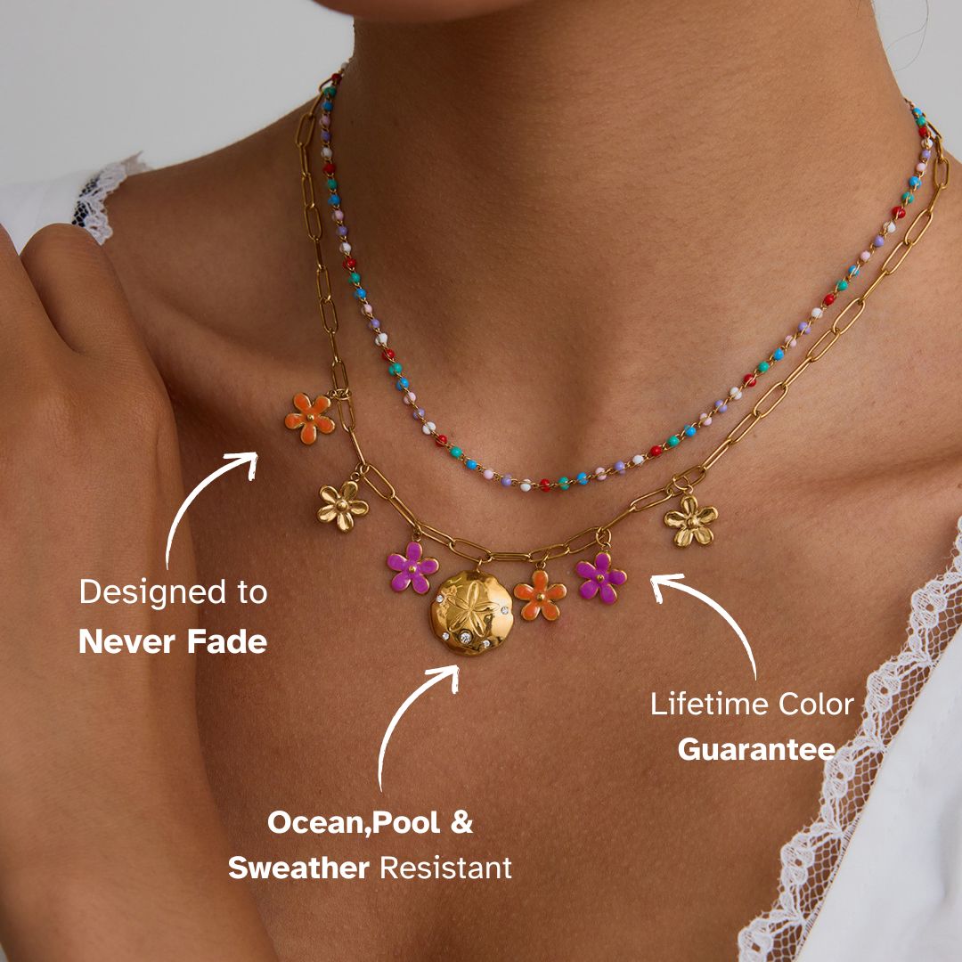 Close-up of model layering a bright boho floral charm necklace with pastel beaded choker, ideal for vacation looks.