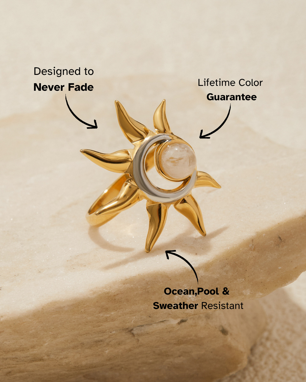 Gold sun and moon jewelry piece on a beige background with text about durability.