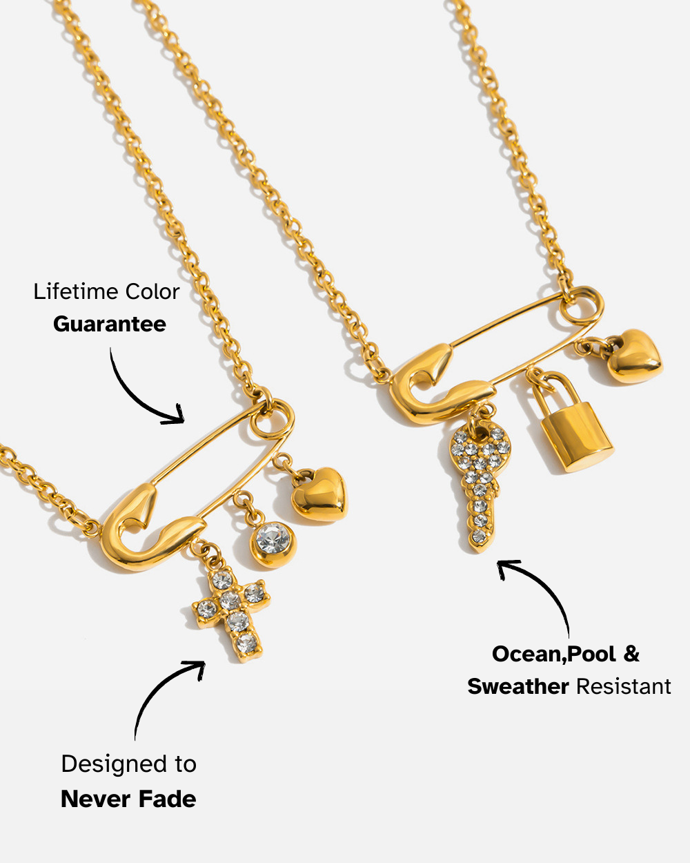 Gold necklace with charms on a white background