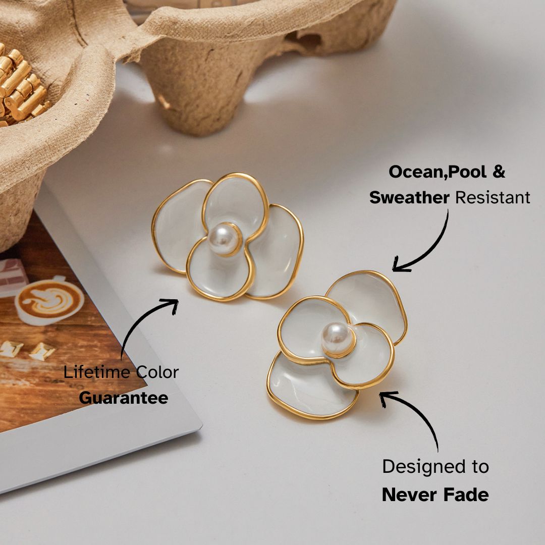 Waterproof flower earrings with bold pearl center and glossy petals