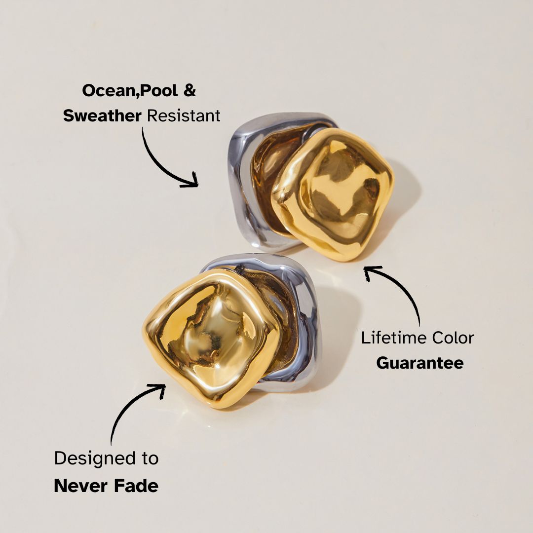 shiny gold layered over silver earrings with never-fade waterproof finish